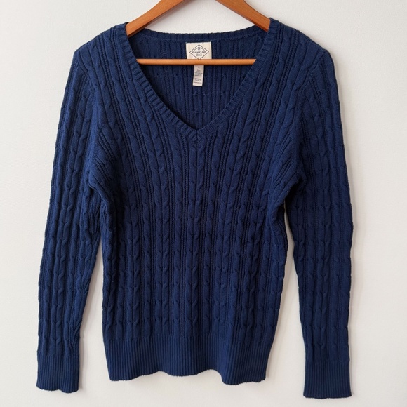St. Johns Bay Cable Knit Sweater Large Navy Tennis Prep Old Money Academia - Picture 11 of 12
